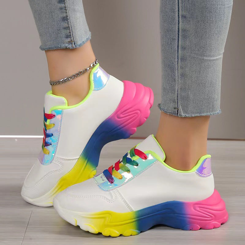 Lovemi -  INS Style Rainbow Color Sports Shoes For Women Thick Bottom Lace-up Sneakers Fashion Casual Lightweight Running Walking Shoes
