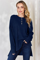 Basic Bae Full Size Ribbed Half Button Long Sleeve High-Low T-Shirt-Dark Blue-29