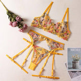 Lovemi -  Sexy See-Through Yellow Garden Floral Bra Garter Belt Thong With Leg Ring Three Sets Of Erotic Underwear Set