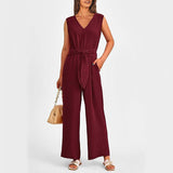 New V-neck Sleeveless Long Jumpsuit With Pockets And Lace-up Design Wide-leg Straight Trousers Summer Womens Clothing