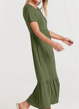 Lovemi -  Women's round neck pleated solid color large hem dress