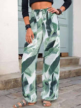 Fashion Drawstring Leaf Print Beach Pants Summer Casual Loose Wide Leg Straight Trousers Womens Clothing