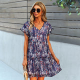 Flowers Print Short-sleeved Dress Summer Loose Chiffon A-line Dresses Fashion Casual Holiday Beach Dress For Womens Clothing