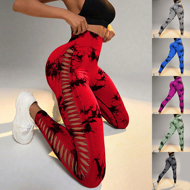 Lovemi -  Hollow Tie Dye Printed Yoga Pants High Waist Butt Lift Seamless Sports Gym Fitness Leggings Slim Pants For Women Tight Trousers