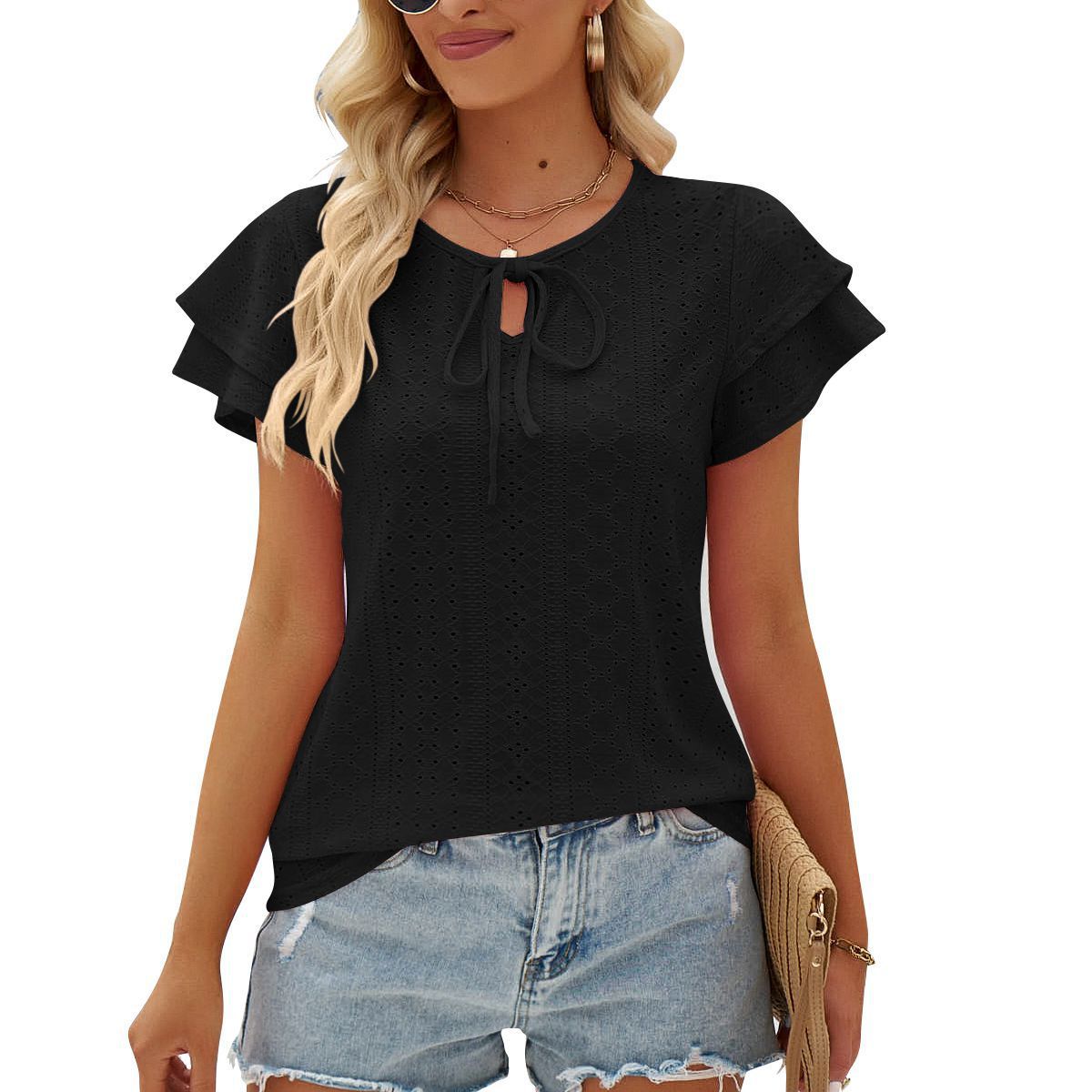 Women's Hole Hollow-out Lace-up Double-layer Sleeve Top