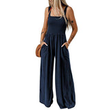 Summer Square Neck High Waist Jumpsuit Women's Backless Pleated Design Wide Leg Trousers Clothing
