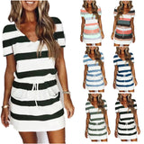 Lovemi -  Striped Print Short-sleeved Dresses Summer Fashion V-neck Drawstring Design Short Dress Beach Womens Clothing