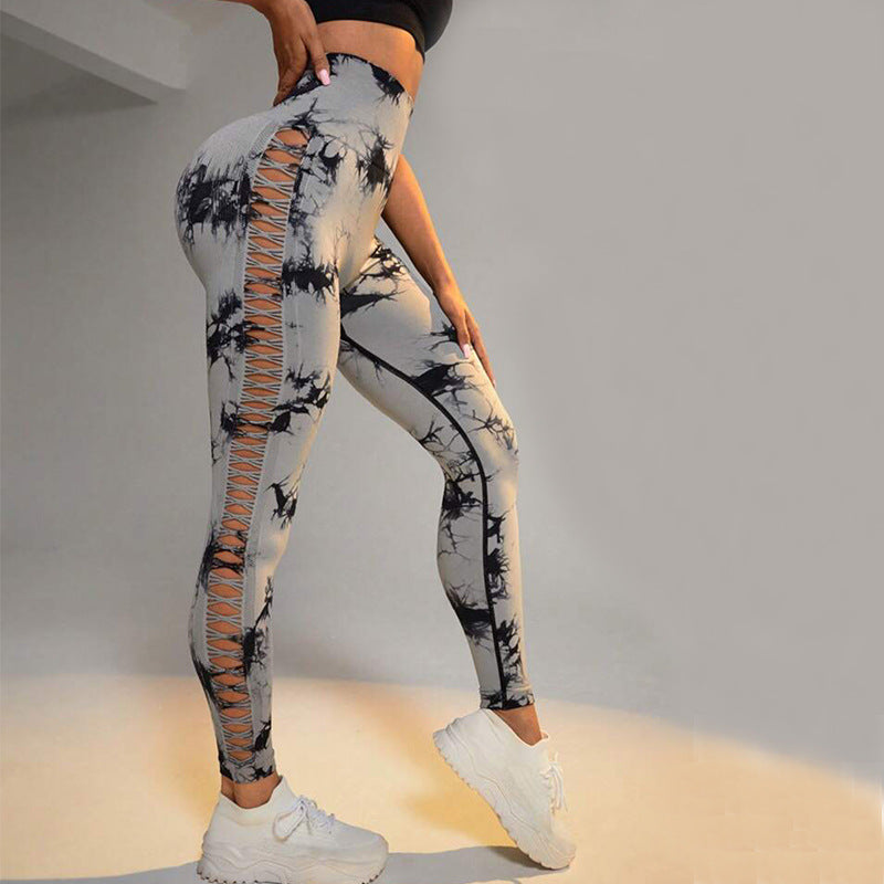 Lovemi -  Hollow Tie Dye Printed Yoga Pants High Waist Butt Lift Seamless Sports Gym Fitness Leggings Slim Pants For Women Tight Trousers
