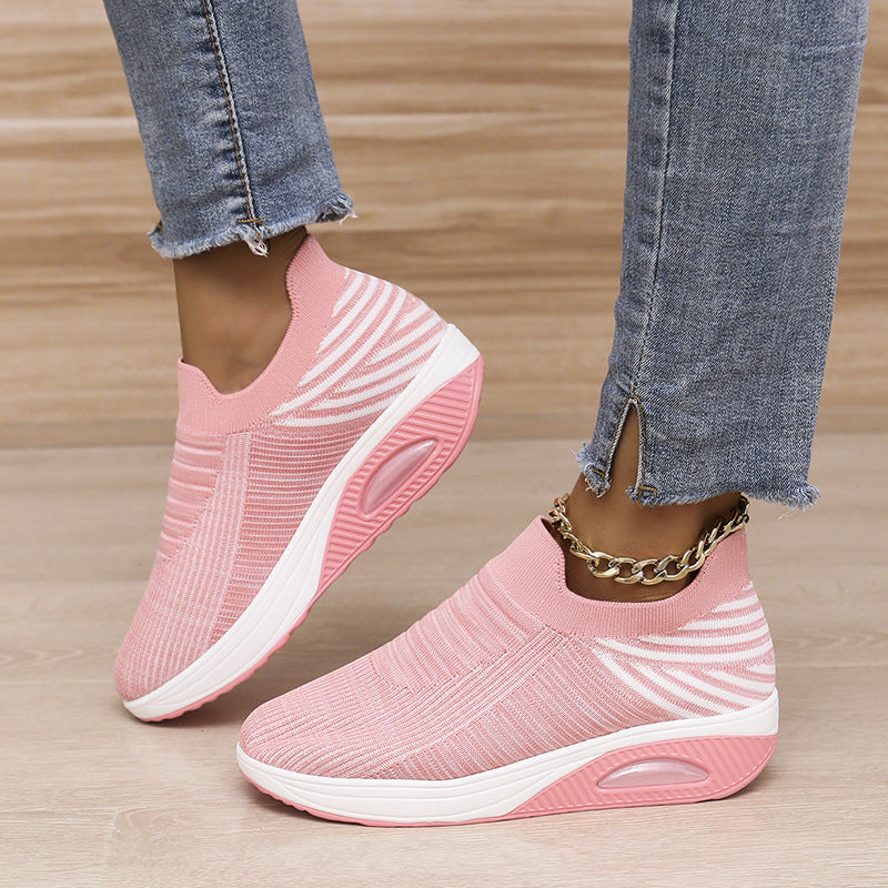 Lovemi -  Stripe Design Mesh Shoes Fashion Slip On Air Cushion Shoes Breathable Round-toe Flats Women