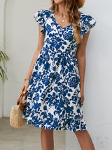 Leaf Print Dress Summer V-neck Ruffled Sleeveless A-Line Dresses Fashion Casual Holiday Beach Dress For Womens Clothing