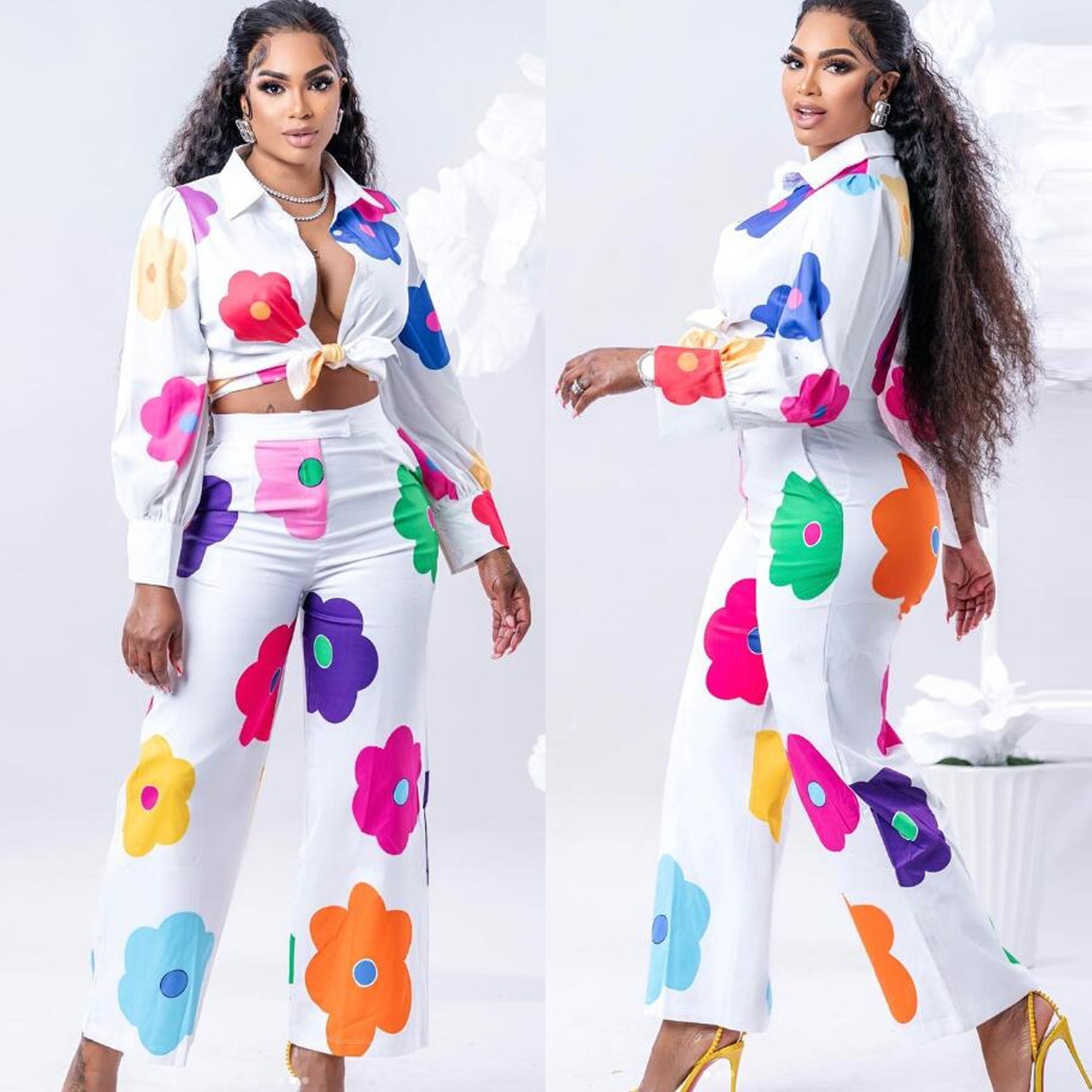 Lovemi -  Women's Fashion Color Printed Shirt Suit Two-piece Set