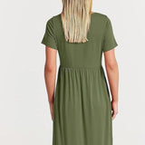Lovemi -  Women's round neck pleated solid color large hem dress