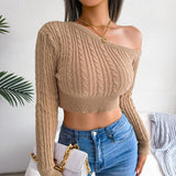 Lovemi -  Fashion Fried Dough Twist Off The Shoulder Long Sleeve Short Knitted Sweater