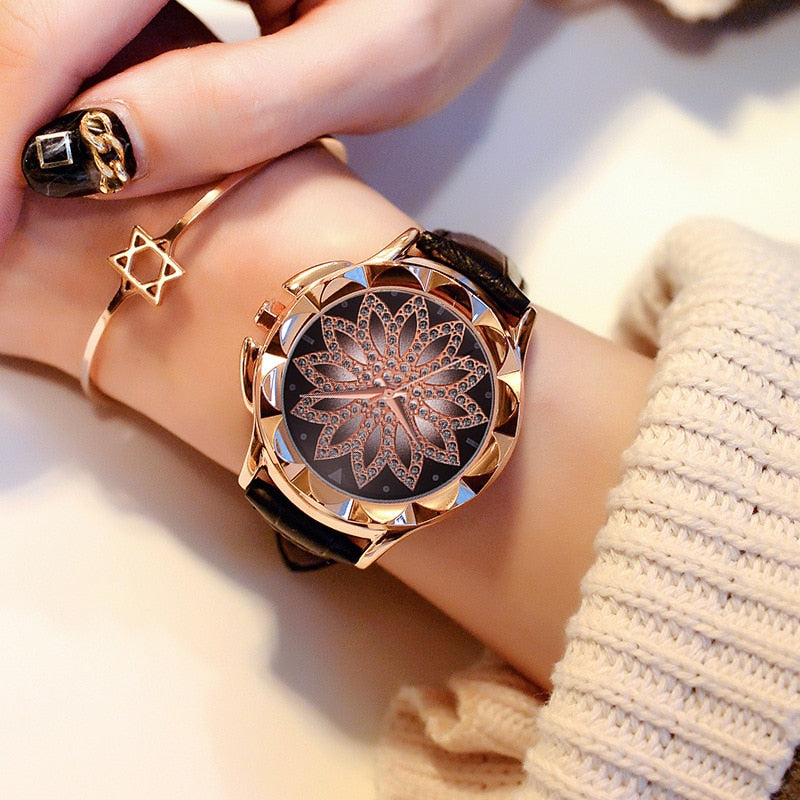 Rhinestone cross ladies belt watch foreign trade explosion models rose gold large dial lucky quartz watch