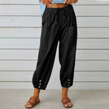 Lovemi -  Women Drawstring Tie Pants Spring Summer Cotton And Linen Trousers With Pockets Button