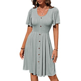 Summer U-neck Short-sleeved Dress With Button Design Fashion Casual Solid Color Holiday Dress For Womens Clothing