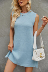 Round Neck Sleeveless Dress Summer Fashion Commuting Solid Color Slit Design Dress For Womens Clothing