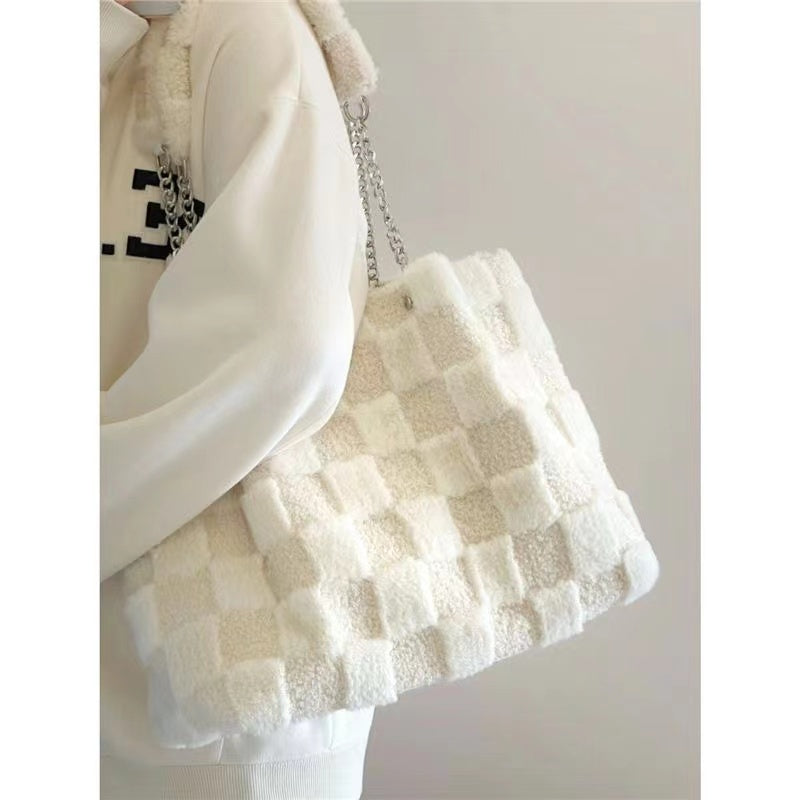 White Plush One Shoulder Bag Casual Tote Bag