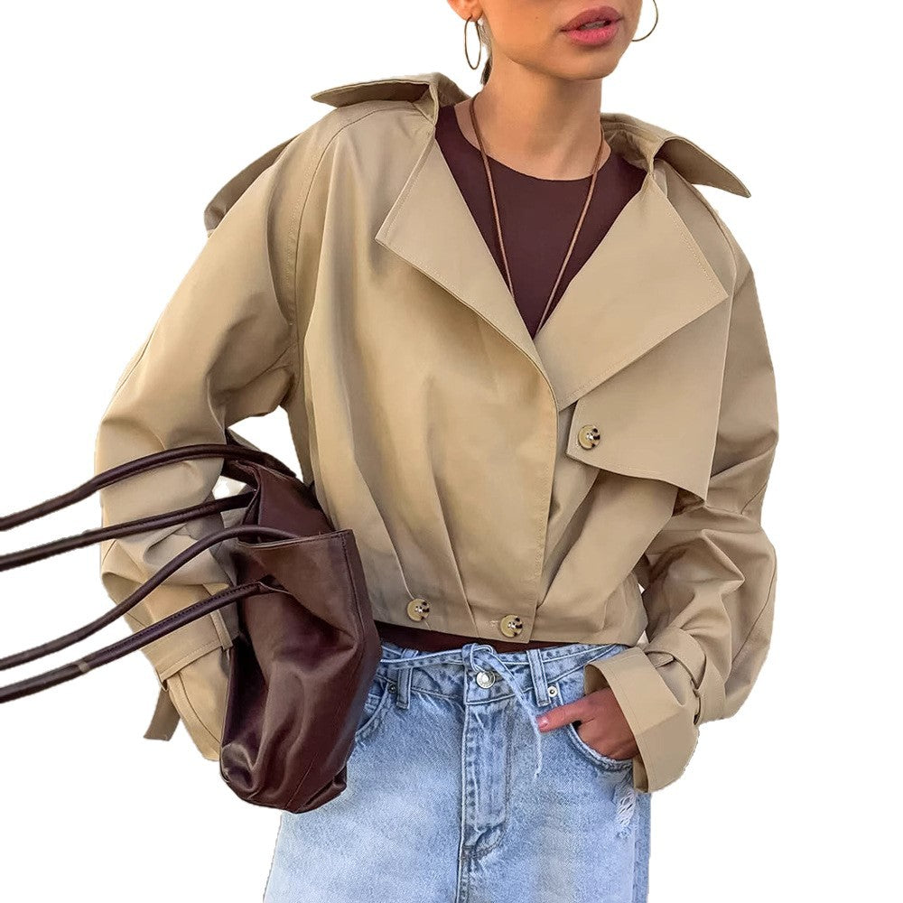 Women's Khaki Double Breasted Blazer Collar Coat
