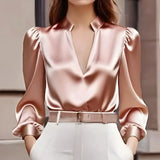 Satin V-Neck Slim Blouse