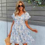 Lovemi -  Flowers Print Short-sleeved Dress Summer Loose Chiffon A-line Dresses Fashion Casual Holiday Beach Dress For Womens Clothing