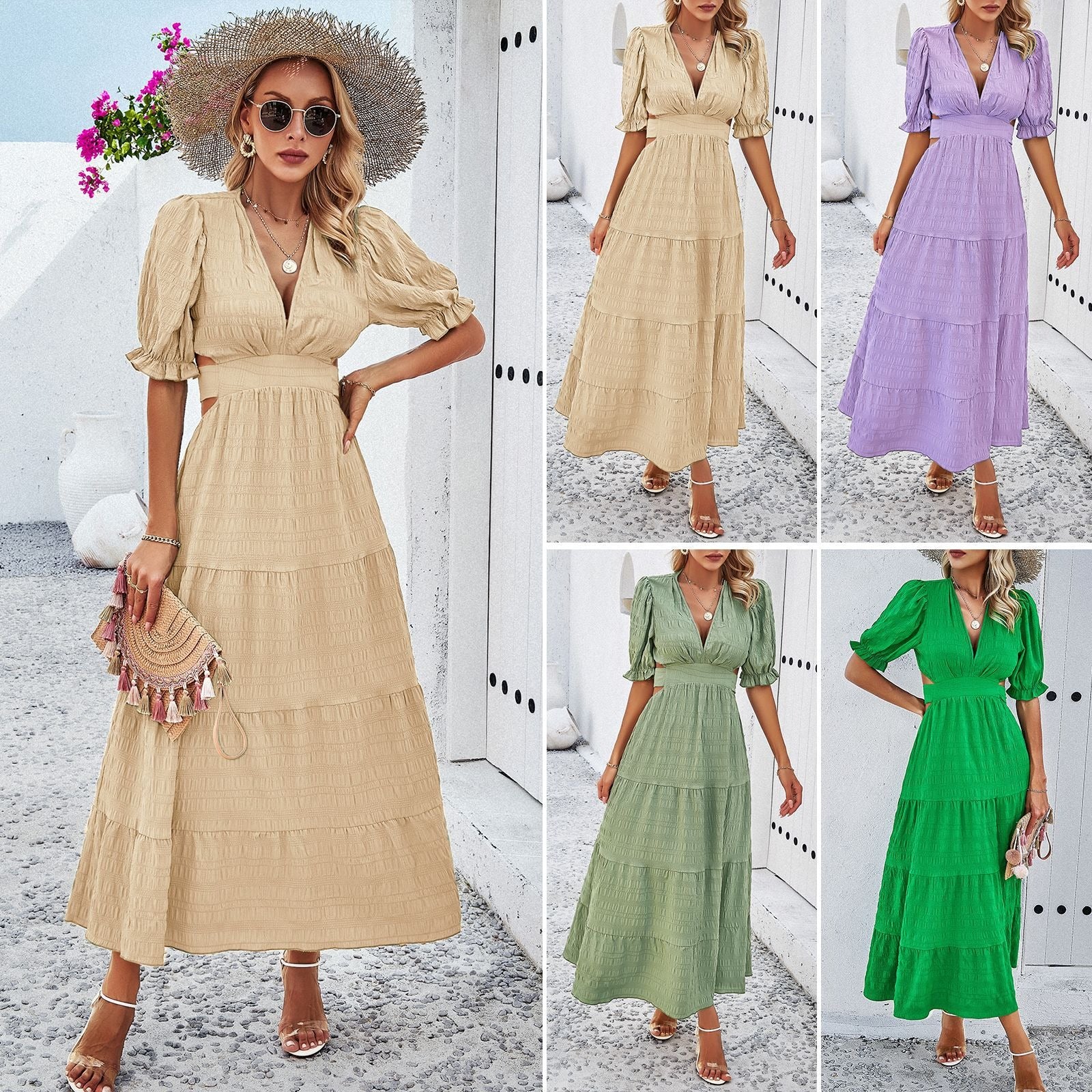 Lovemi -  Women's spring summer temperament solid color V-neck waist dress