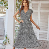 Lovemi -  Summer Dresses Ruffle Cap Sleeve V Neck Belt Wrap Split Boho Floral Long Casual Party Beach Dress