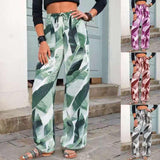 Fashion Drawstring Leaf Print Beach Pants Summer Casual Loose Wide Leg Straight Trousers Womens Clothing