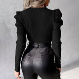 Beaded Puff Sleeve Ribbed Top