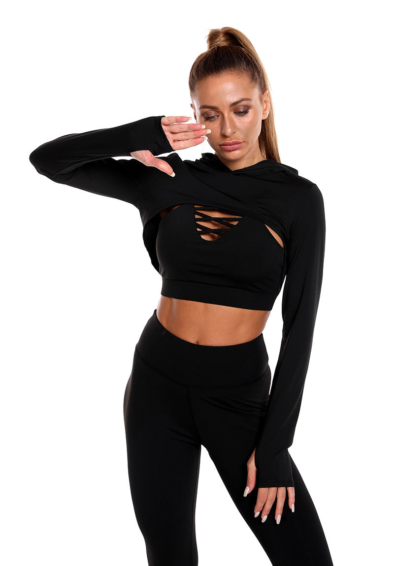 Lovemi -  3pcs Sports Suits Long Sleeve Hooded Top Hollow Design Camisole And Butt Lifting High Waist Seamless Fitness Leggings Sports Gym Outfits Clothing
