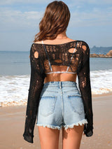 Distressed Boat Neck Long Sleeve Cover Up-2