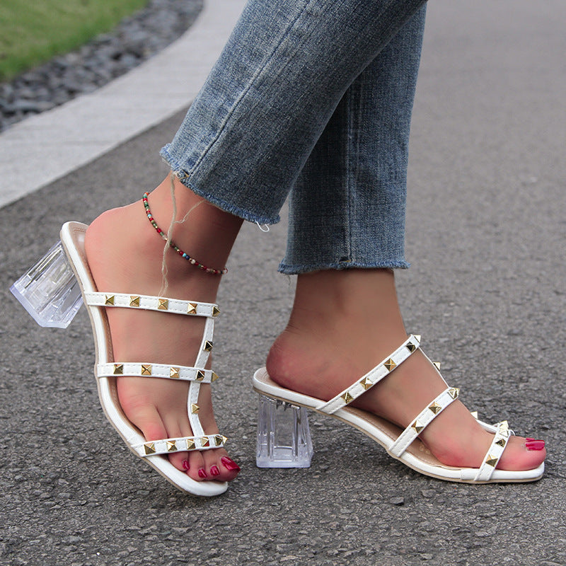 Lovemi -  New Square Toe Transparent Sandals With Rivet Design Summer Fashion Crystal High-heeled Rivet Shoes For Women