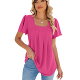 Lovemi -  Summer Square Neck Pleated Short-sleeved T-shirt Loose Solid Color Ruffled Hollow Design Top For Womens Clothing
