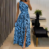 Loud back single shoulder sleeveless printed long dress for women