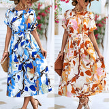 Lovemi -  Summer Print Short-sleeved Dress Summer Loose Lace-up A-line Long Dresses Fashion Casual Holiday Beach Dress For Womens Clothing