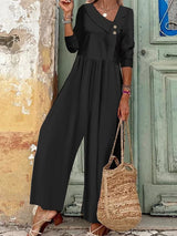 Women's Button Up Jumpsuit With Solid V-neck