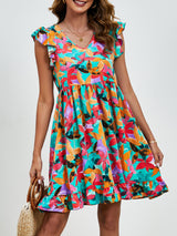 Leaf Print Dress Summer V-neck Ruffled Sleeveless A-Line Dresses Fashion Casual Holiday Beach Dress For Womens Clothing