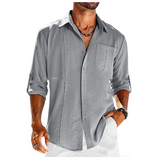 Lovemi -  Casual  Long Sleeve Shirt With Pocket Lace Polo Collar Solid Color Button Mens Clothing