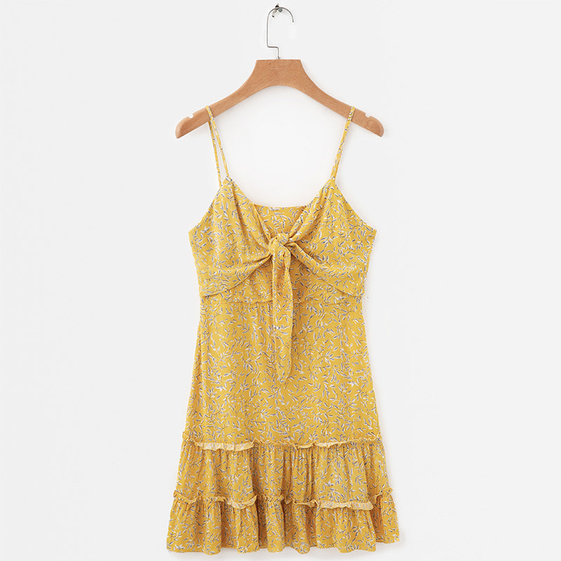Lovemi -  Women Summer Dress Yellow Floral Print Causal Beach Dress Frill Trim Tie Up Spaghetti Strap Mini Dress
