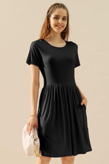 Ninexis Full Size Round Neck Ruched Dress with Pockets-BLACK-5