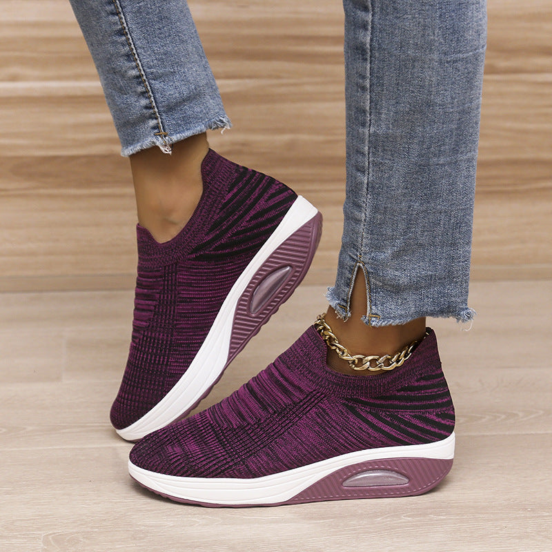 Lovemi -  Stripe Design Mesh Shoes Fashion Slip On Air Cushion Shoes Breathable Round-toe Flats Women