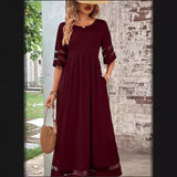 New Hot Sale: Five-Quarter Sleeve Mesh Patchwork Round Neck Pocket Dress