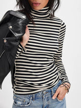 Exposed Seam Striped Turtleneck Long Sleeve T-Shirt-Black/white-1