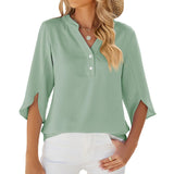 Lovemi -  Button V-neck Mid-sleeve Chiffon Shirt Solid Color Top Womens Clothing
