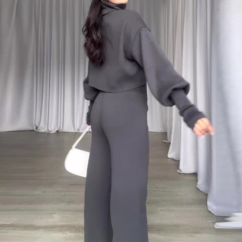 Lovemi -  Fashion Suit Gray Turtleneck Long-sleeved Top And High-waisted Trousers