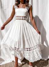 Lovemi -  Fashionable lace sleeveless patchwork large hem long dress