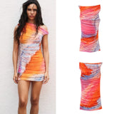 Lovemi -  Summer Pleated Tulle Dress For Women Fashion Beach Style Asymmetrical Collar Printed Slim Fit Sexy Mini Dress