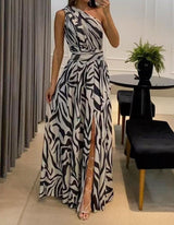 Loud back single shoulder sleeveless printed long dress for women