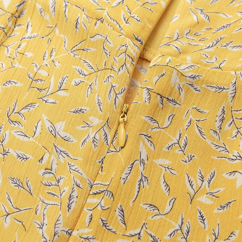 Lovemi -  Women Summer Dress Yellow Floral Print Causal Beach Dress Frill Trim Tie Up Spaghetti Strap Mini Dress
