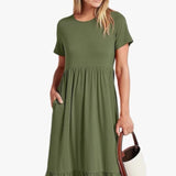 Women's round neck pleated solid color large hem dress